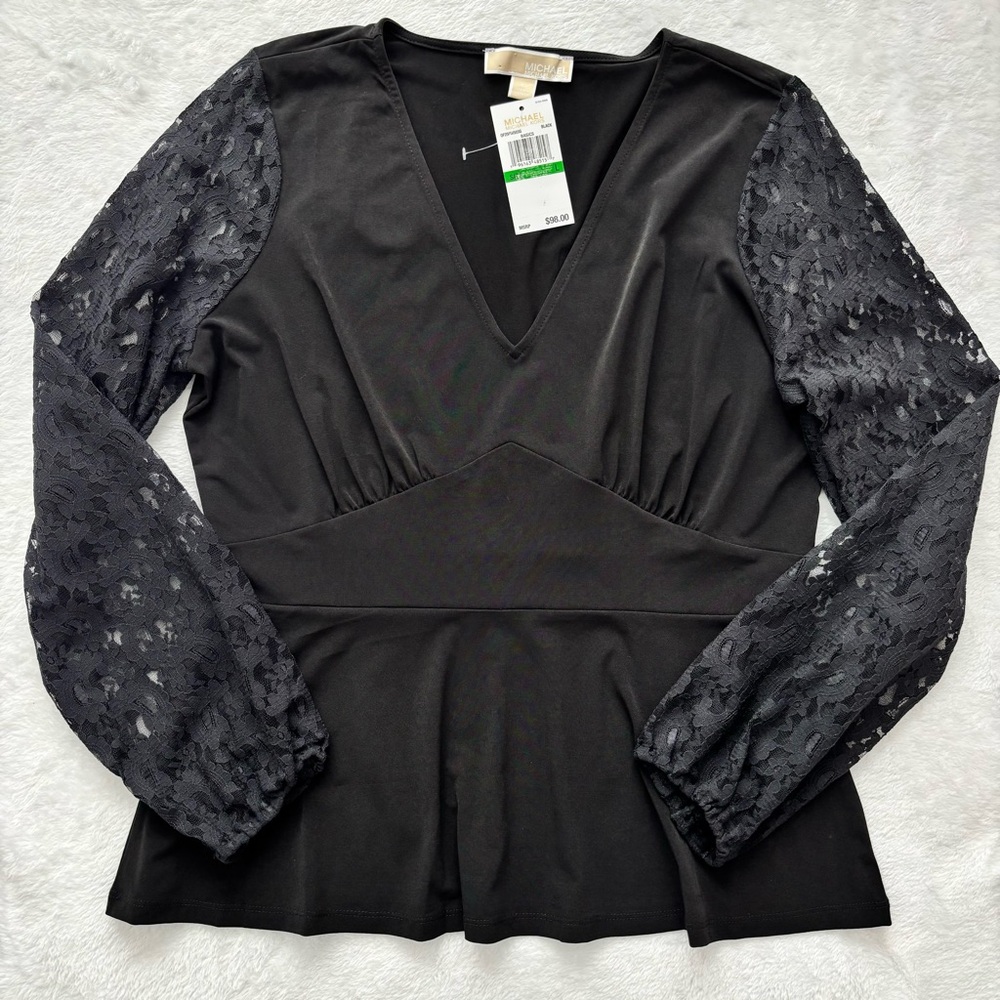 MICHAEL KORS Long Lace Sleeve Empire Waist Black Blouse—L